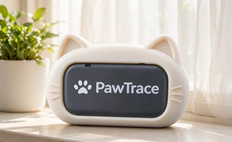 WhiskerTrail CT-10 GPS tracker — cream, on a sunny windowsill