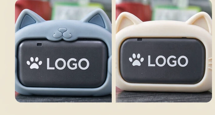 NightPaw offline gps cat collar — cat-ear shells in blue and cream with OEM logo printing, no subscription cat GPS tracker